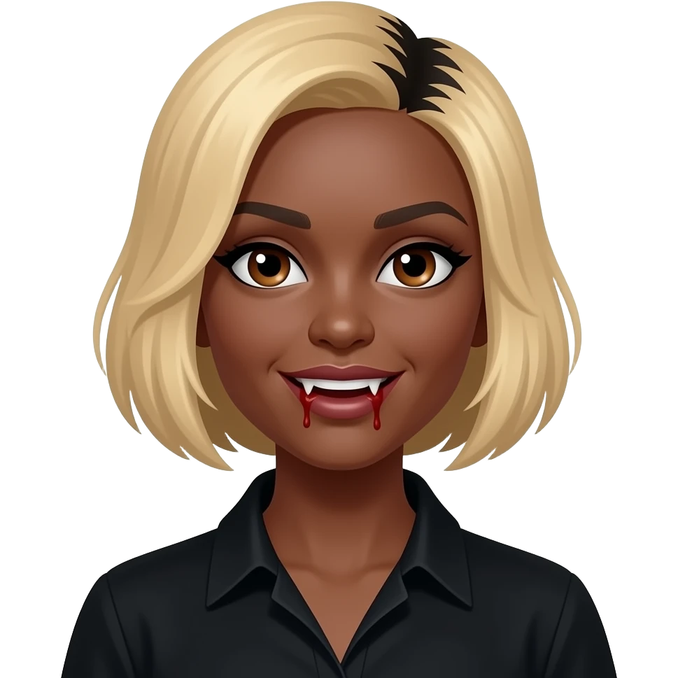 women blond medium short hair to the side with black roots, black skin, brown eyes, black shirt,  dracula teeth with blood on the fangs emoji