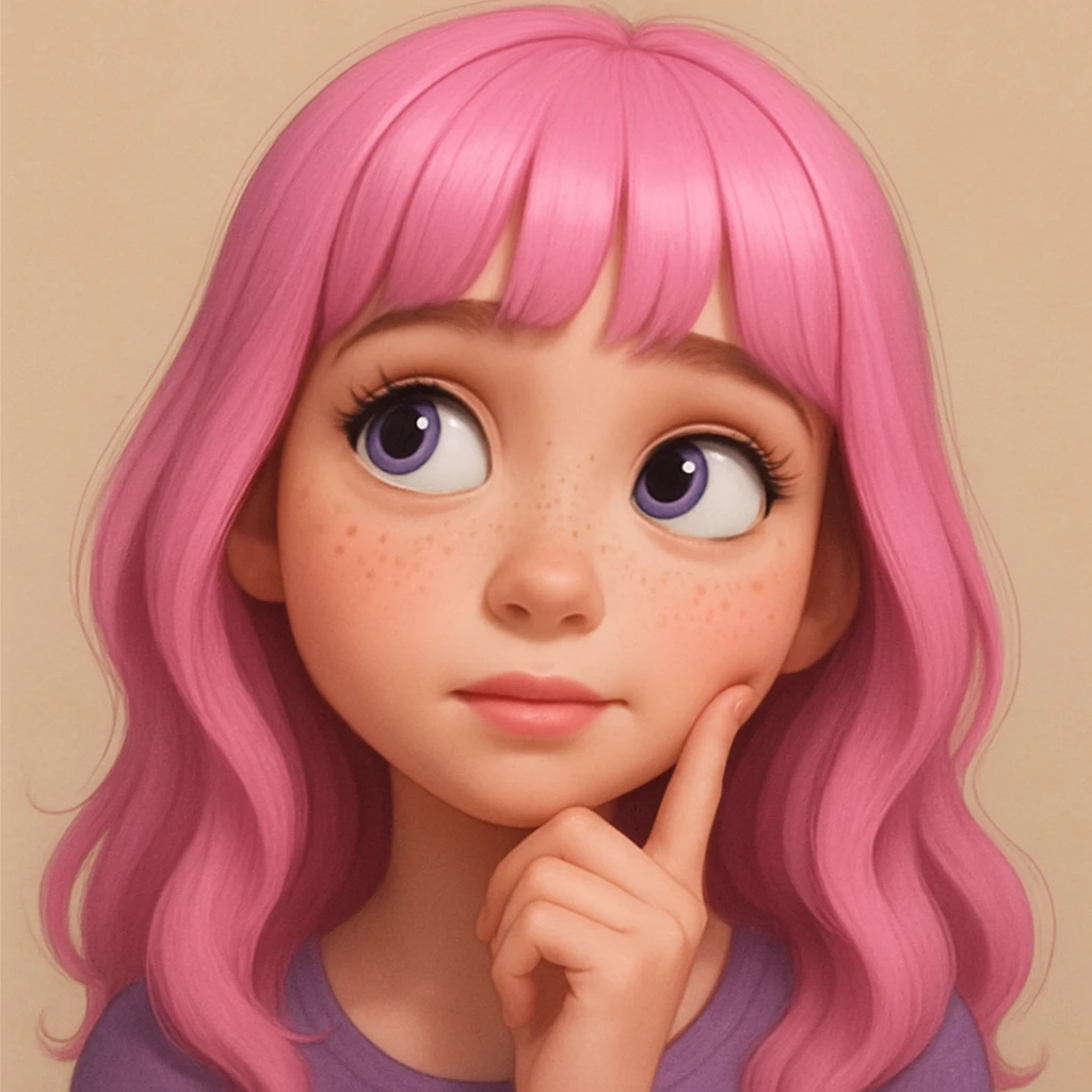 Redraw this character in a 3D Disney style with a thoughtful, dreamy expression, keeping the pink hair, purple eyes, and freckles. Reference the original likeness. The style should reflect a vibrant, detailed 3D Disney animation look with expressive features and soft shading. emoji