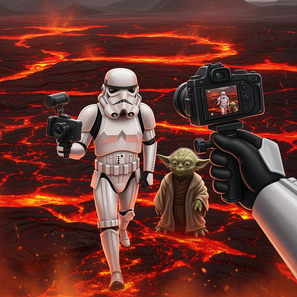 make digital poster art of Camera POV, Starwars stormtroopers vlogging selfie, he is walking on lava planet with yoda
 emoji