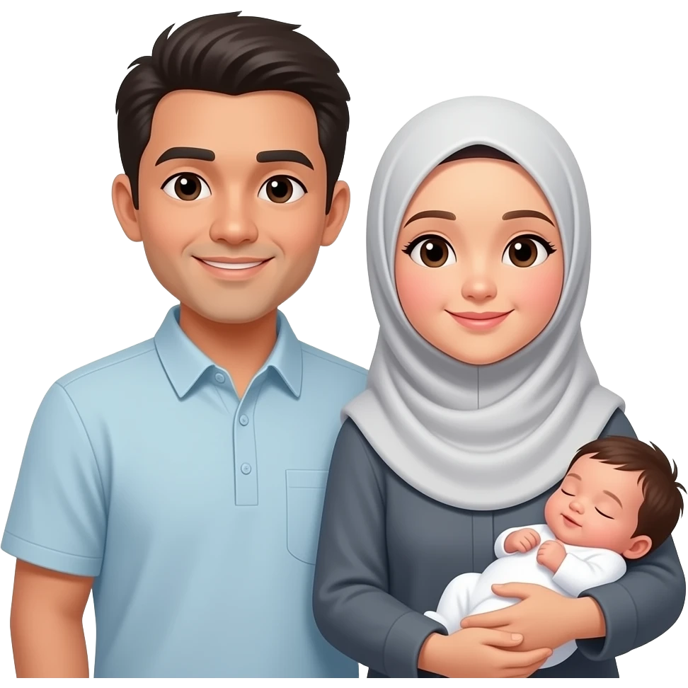 Iphone emoji Muslim asian family, father with short hair, mother wearing hijab, and a new born baby girl emoji