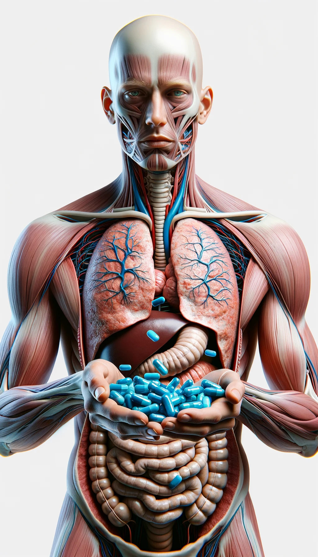 corpo umano anatomico con intestino in evidenza che prende pillole con espressione neutra in volto, iperrealistico 4k, isolato su sfondo bianco emoji