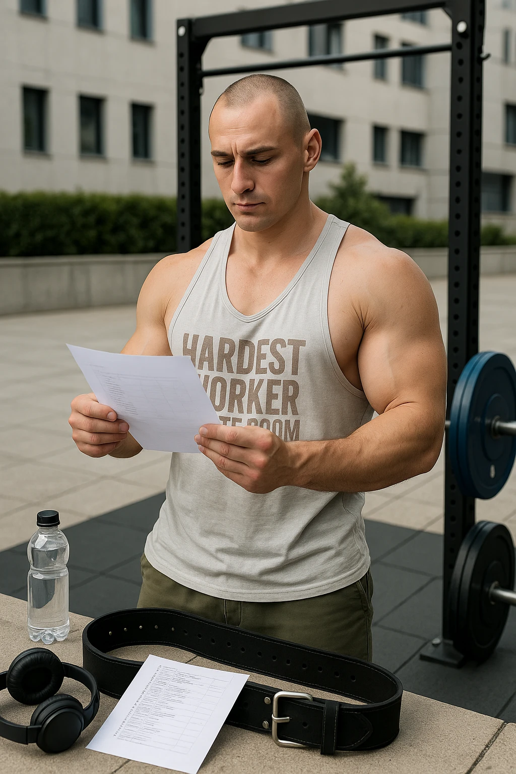 un uomo prepara con cura il suo set di pesi e la cintura per streetlifting, controllando una lista di esercizi e ripetizioni scritta su un foglio. Accanto a lui, una borraccia e delle cuffie. L’espressione è serena e sicura, a sottolineare l’importanza della programmazione per un allenamento efficace. Lo sfondo è un’area fitness urbana, pulita e ben attrezzata. emoji