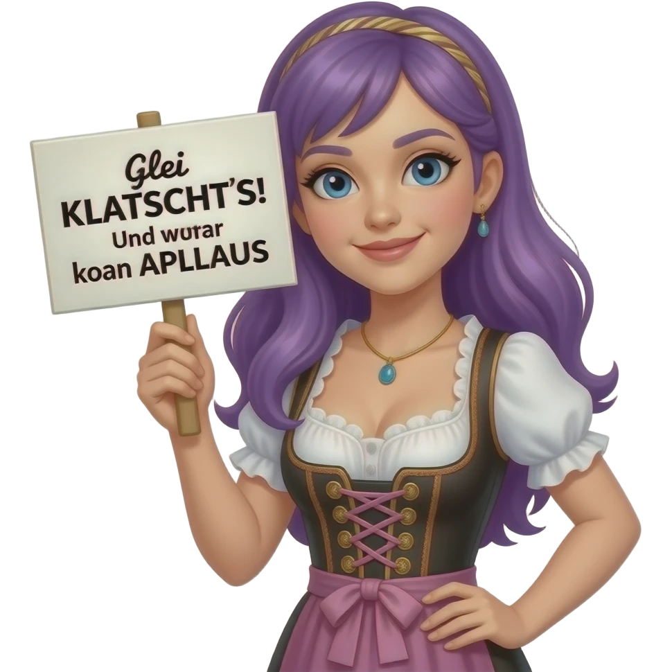 girl with long purple hair wearing a dirndl holding a Glei KLATSCHT'S! Und zwar koan APLLAUS sign emoji