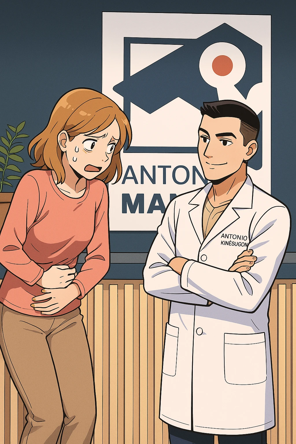 su questo stile fai un manga/webtoon a colori in cui una donna si lamenta che sta male e ha mal di pancia, l'uomo della foto in stile manga gli risponde, mantieni un ambiente simile alla foto che ho allegato con il suo logo (sarebbe il suo studio, lui è un kinesiologo), non mettere fumetti, ma fai in modo che sembri che la donna chiede una cosa e l'uomo risponde alla sua domanda emoji