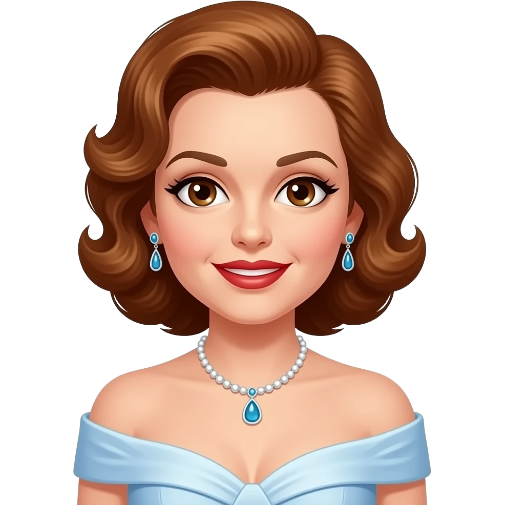 Judy Garland with brown eyes, auburn hair, white and blue oscars off shoulder dress, necklace and earrings emoji