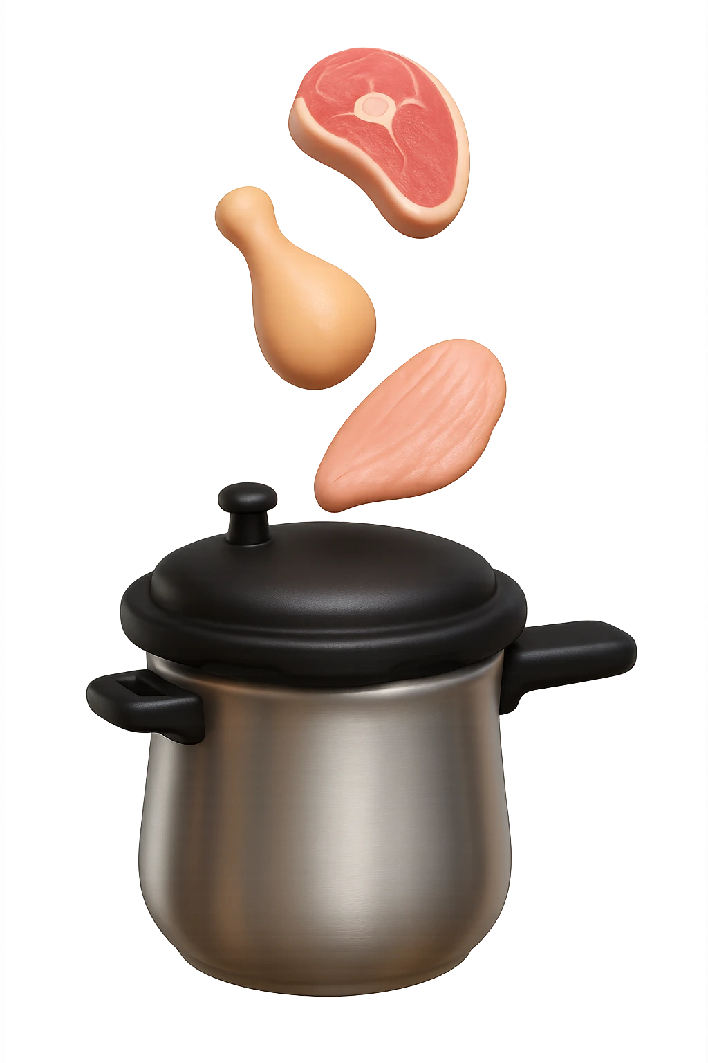 emoji stile iphone in 3d di una pentola a pressione dentro cui cadono agnello, pollo e tacchino crudi da cuocere, iperrealistico 4k emoji