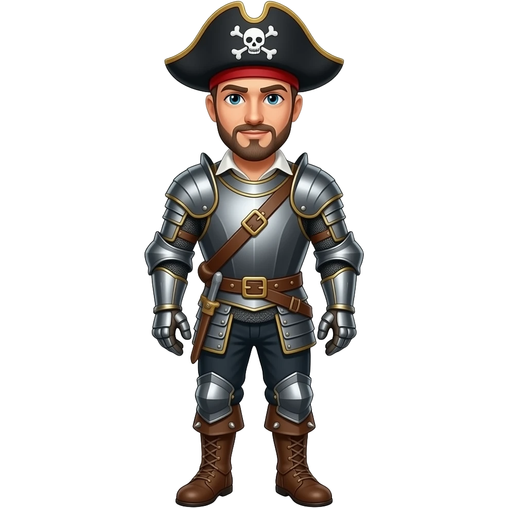 Bir adam olsun ve zırhı olsun ve kafasında korsan şapkası olsun boynunda pabyonu olsun ayagında çiviler olsun emoji