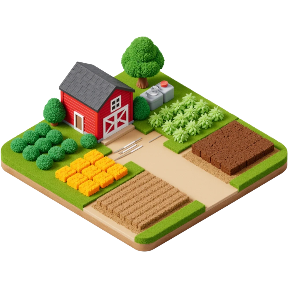 Exterior of a large cartoon-style farm with a red barn in the background, multiple crop fields, visible irrigation pipes and steam vents emoji