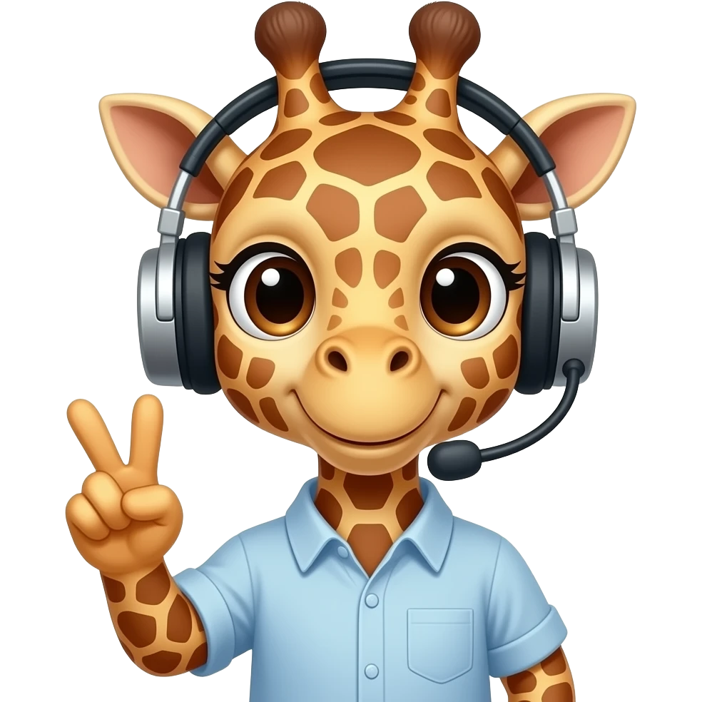 cute Giraffe with Headset peace sign,  shirt , closeup , front facing emoji