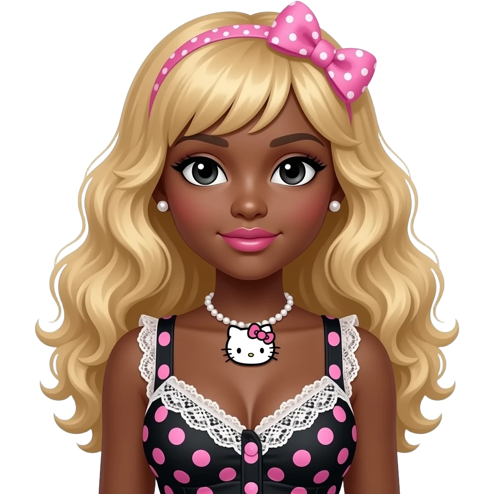 dark brown eyebrows, pearl earring studs, black girl, pink lips, my melody hairclip, dark brown skin, Doll faced shaped, hello kitty necklace, bimbo, black doll eyes, Big lips, long curly blonde hair, with white or black lace pink polka dots with gyaru sleeveless shirt, with big breast emoji