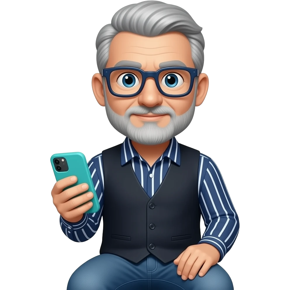 Señor sentado orejas grandes gafas cuadradas azul oscuras nariz grande y un poco de barba gris clara y poco pelo canoso Está con un teléfono móvil de funda turquesa y una camisa azul marino con líneas blancas verticales y horizontales que se cruzan encima un chaleco de tela negro y vaqueros azules. emoji