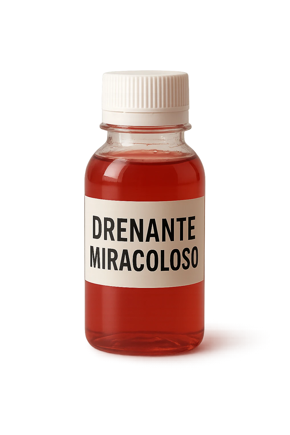 boccetta di drenante da bere, con la scritta "DRENANTE MIRACOLOSO" SULL'ETICHETTA emoji