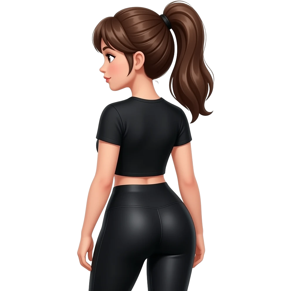 brown hair, huge ass wearing tight leggings black and black t shirt tight. girl, hair tied in ponytail glossy and sexy emoji