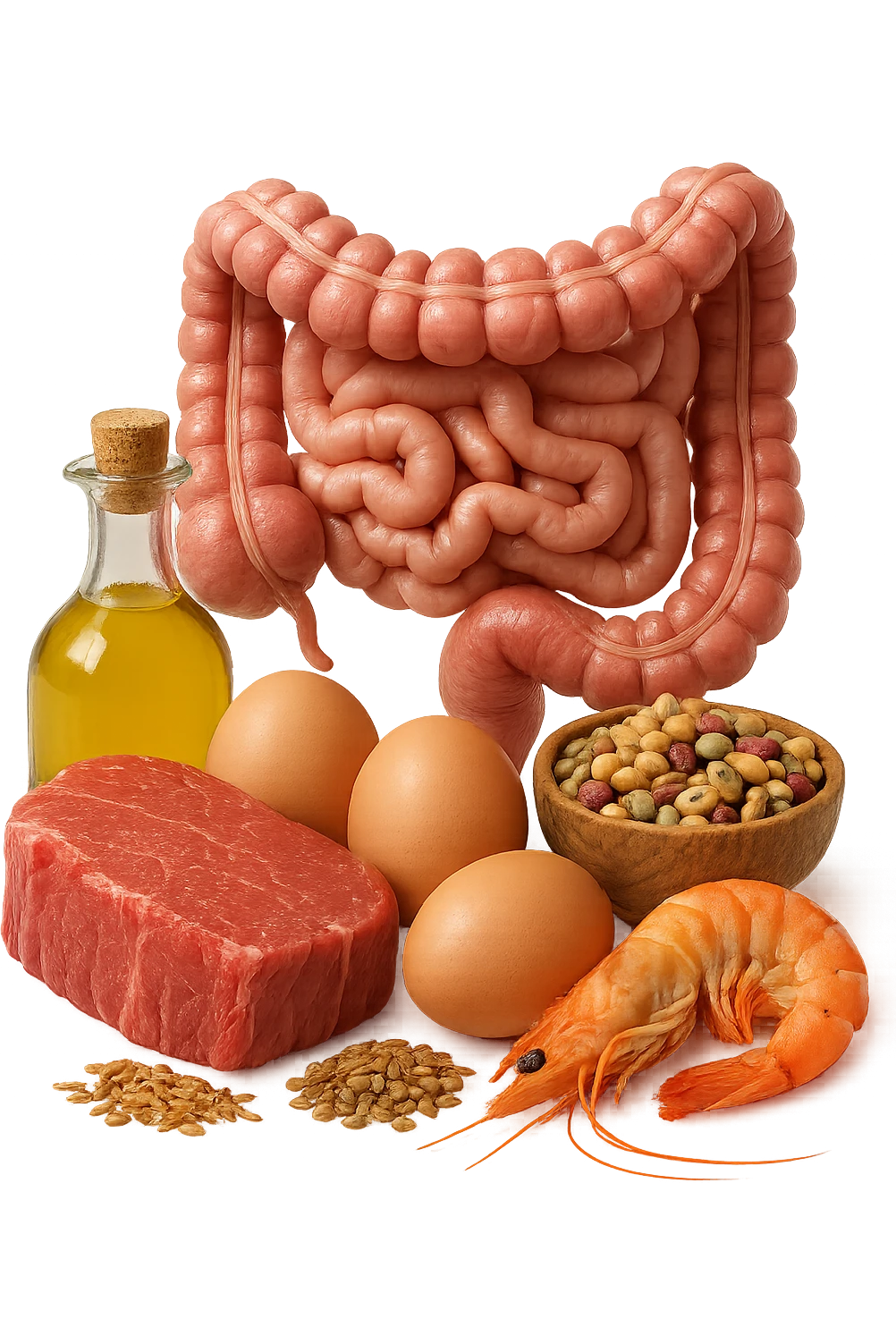 carne, uova, semi oleosi, legumi, crostacei insieme ad INTESTINO umanO realisticO, iperrealistici 4k emoji