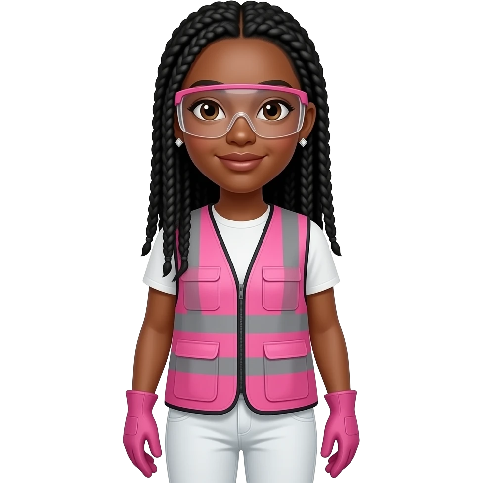 Light skin woman with brown eyes with long black box braids wearing diamond earrings wearing pink and clear safety glasses wearing a pink construction vest wearing white pans wearing pink construction vest wearing white pants wearing pink construction gloves emoji