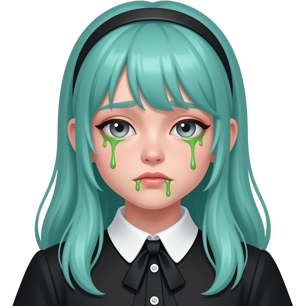 girl, sick, tons of green drool, long flowing teal hair, grey eyes, black shoulder cyberpunk blouse with fancy white collar emoji