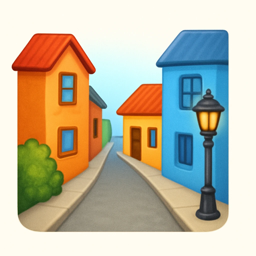 emoji of a small cozy street scene — a narrow road with a sidewalk, a few colorful buildings on the sides, and a streetlight. Soft daylight, clean design, minimal background, cheerful and detailed Apple emoji style emoji
