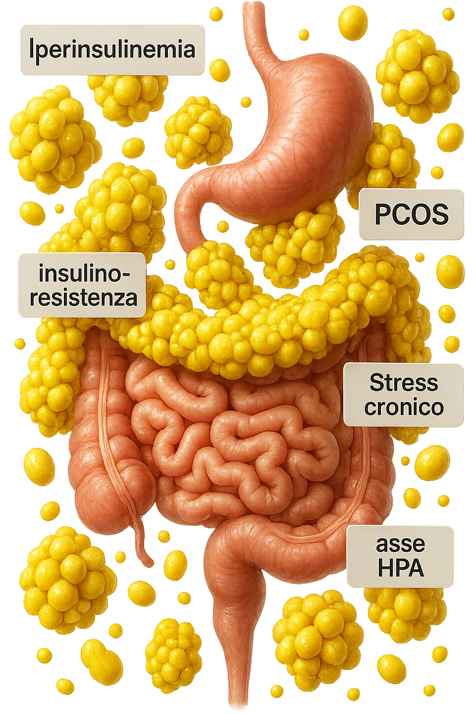 STOMACO E INTESTINO SONO VERTICALMENTE COLLEGATI E INTORNO A QUESTI ORGANI CI SONO CELLULE DI GRASSO GIALLE ATTACCATE SOPRA A GRAPPOLI, intorno fluttuano cellule di grasso giallo e alcune targhette con queste parole "Iperinsulinemia", "insulino-resistenza", "PCOS", "Stress cronico", "asse HPA", FALLO REALISTICO, NON DISEGNATO, IPERREALISTICO 4K emoji