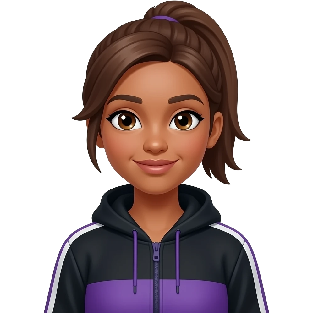 girl in black and purple tracksuit  - brown hair in a ponytail a little darker skin tone emoji