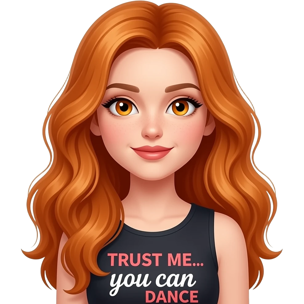 sexy girl with overlong ginger hair and ginger eyes a top with TRUST ME... you can DANCE written on it emoji