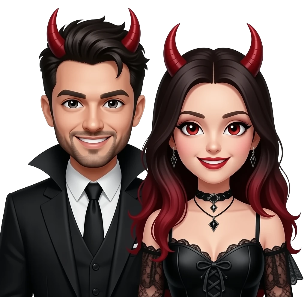 Man and woman with evil devilish expressionssmiles and funky hairstyles and gothic attire emoji