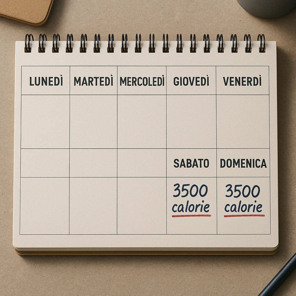 Hyperrealistic top-down view of a weekly calendar in Italian, showing days from Monday to Sunday. Only Saturday and Sunday have the text '3500 calorie' underlined in red below, with no red circle on Friday. 4K details, desk atmosphere. emoji