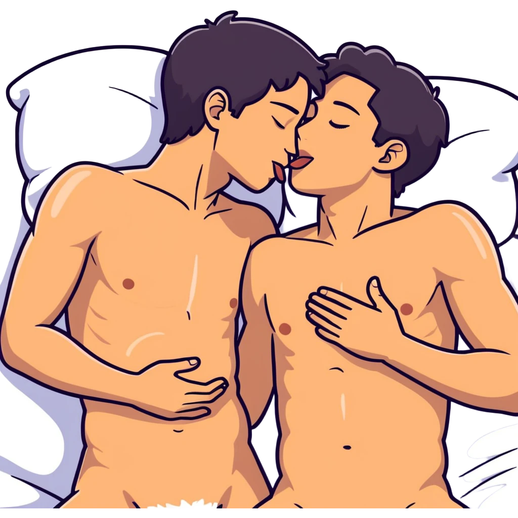 I398.67(((White adult male dark hair))) ,(((Dark skin  adult male))), naked, ((( sexual touching genitals))) , intercourse,spooning, kissing eyes closed tongue open mouth ,penis view, erotic rubbing body emoji