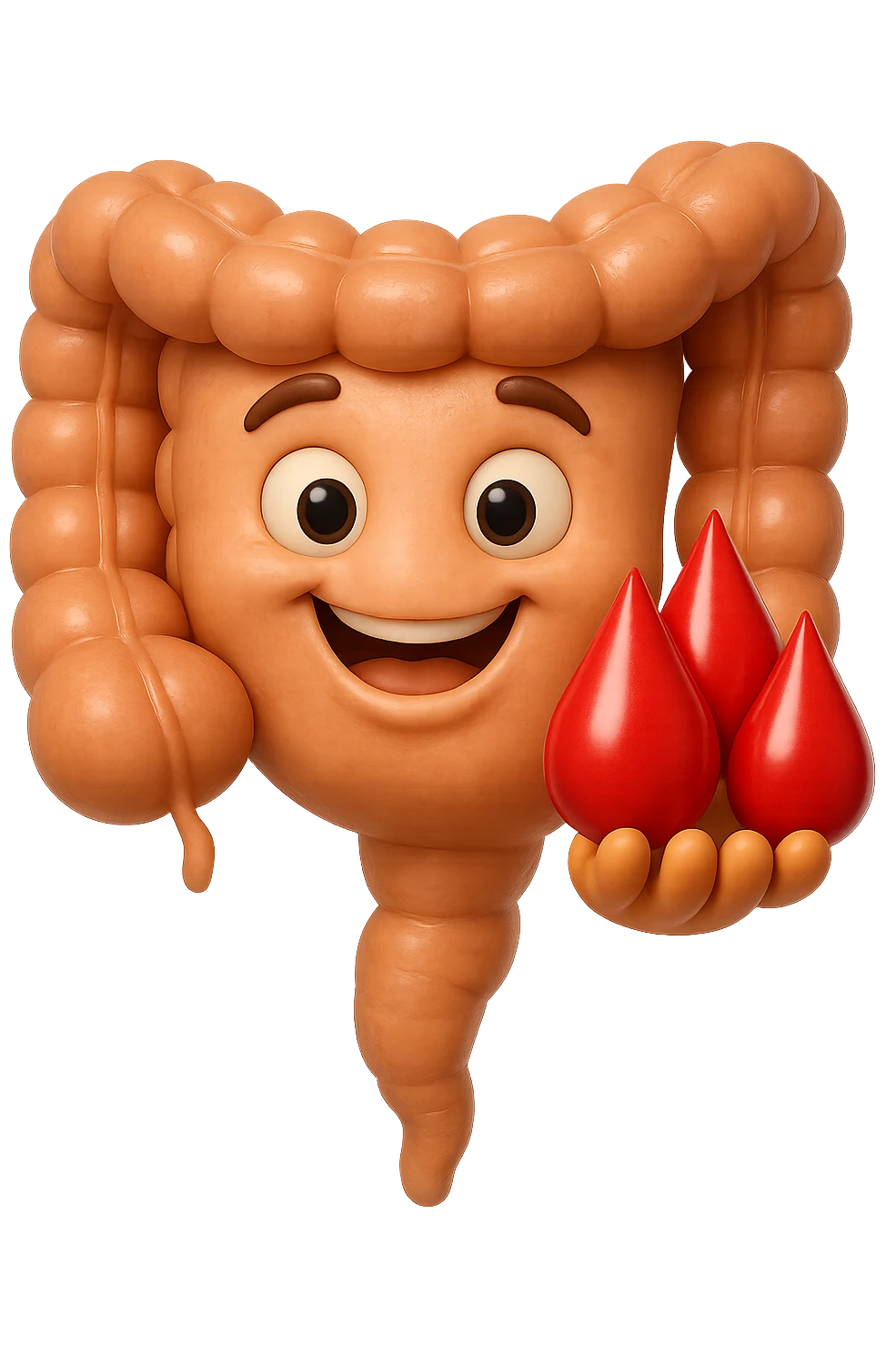 emoji stile iphone 3d di stomaco e intestino collegati verticalmente con 3 gocce di sangue 3d in mano, iperrealistiche 4k emoji