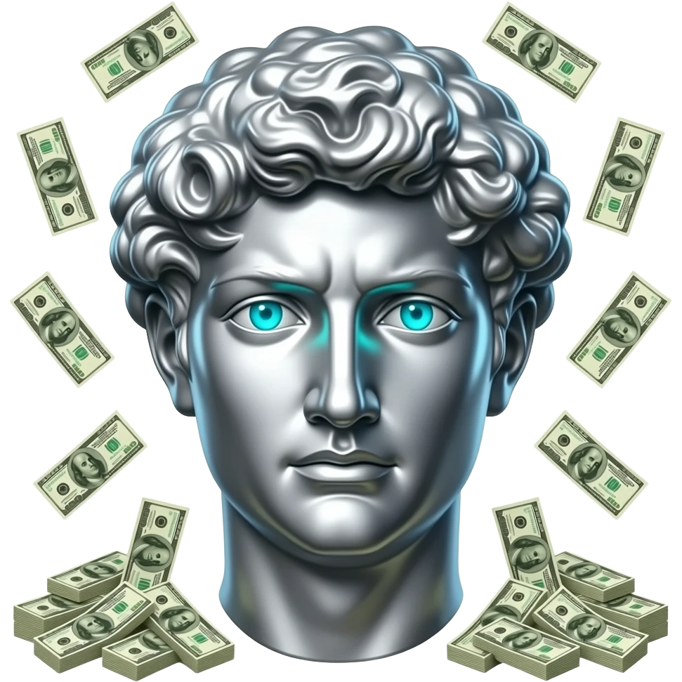 A polished chrome stoic Greek statue head front facing with glowing cyan (#00D4B1) eyes, no background. Metallic reflections with subtle cyan light accents. with cash falling in the background emoji