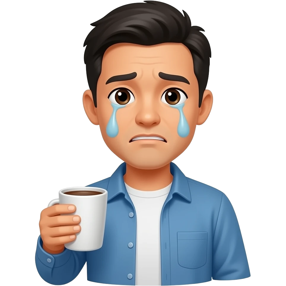 sick asian man holding hot drink, sick face emoji