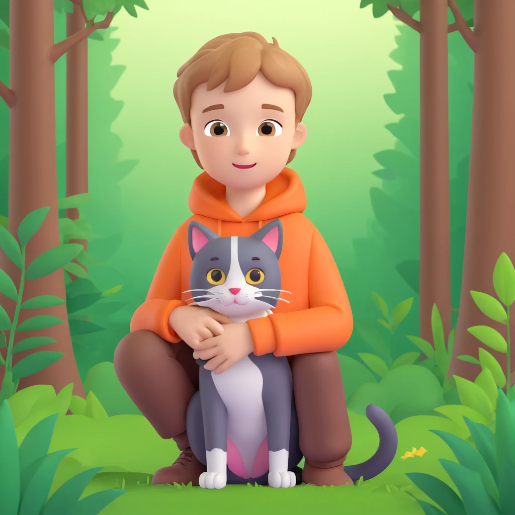 boy and cat pet in forrest background, close up pose emoji