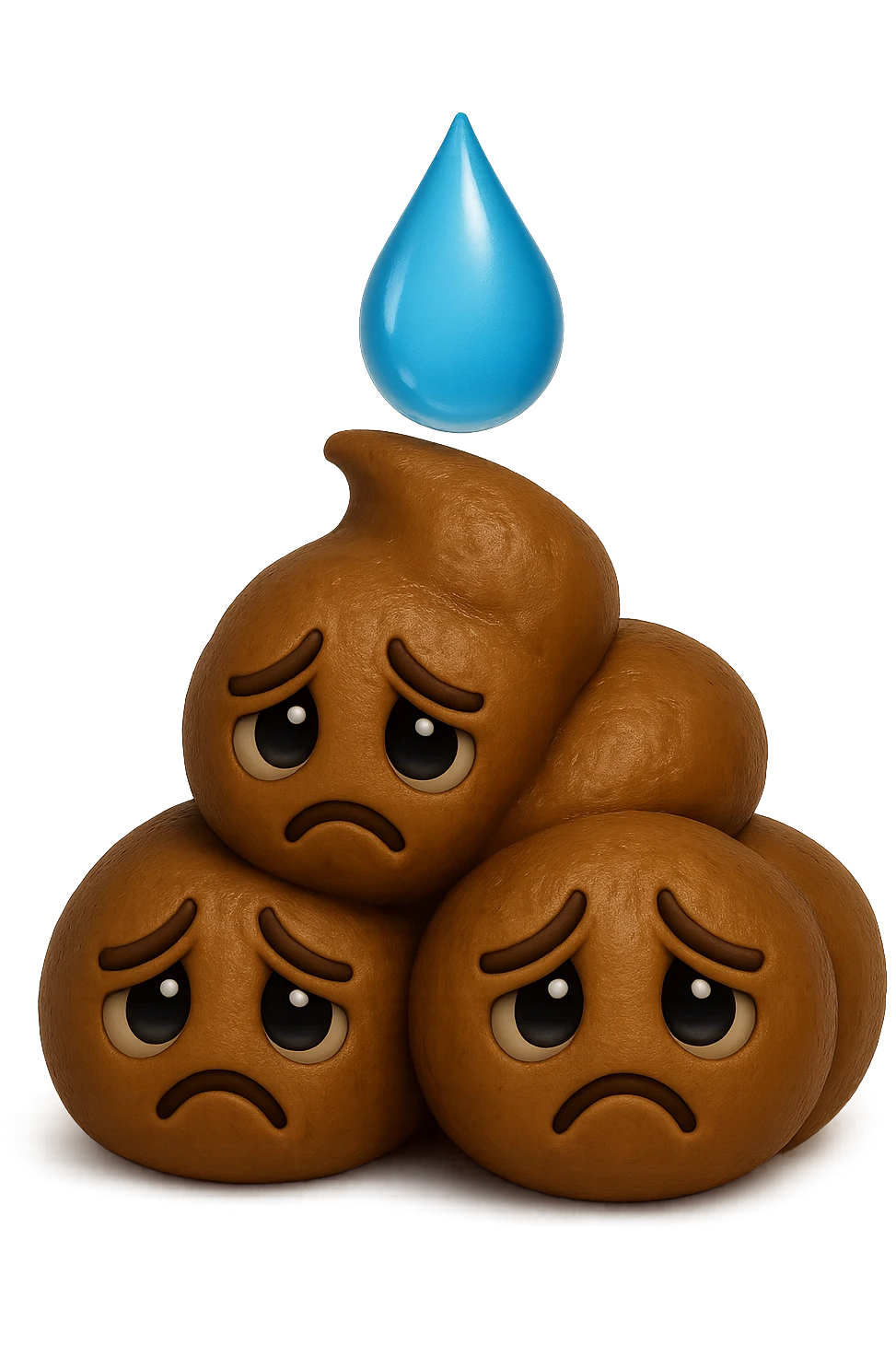emoji stile iphone di una montagnetta di feci umane realistiche a palline tristi con sopra un simbolo delle gocce di acqua, iperrealistico 4k emoji