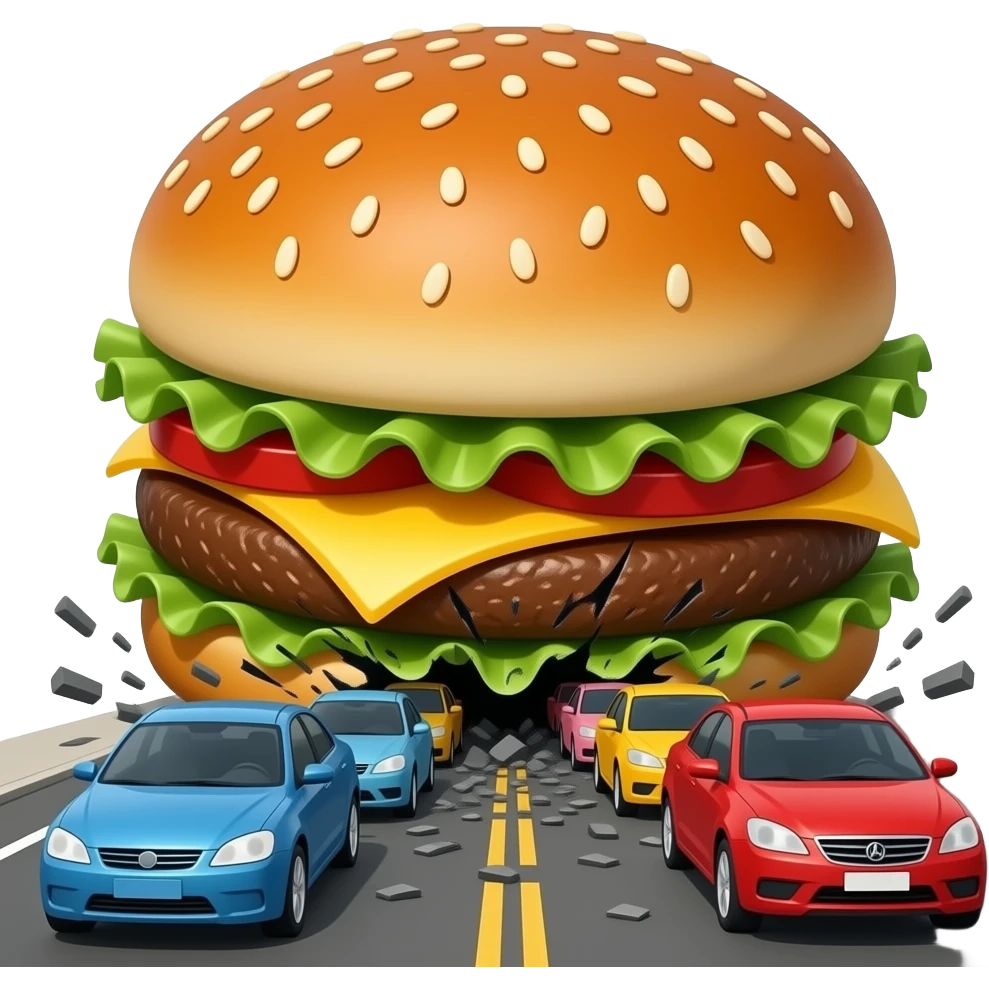 A giant hamburger rolling down the street crushing cars emoji