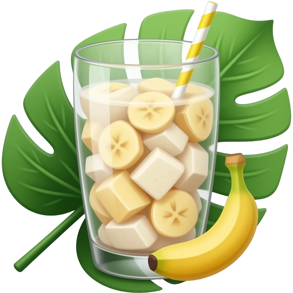 fresh smoothie with coconut and banana chunks in a glass on tropical leaf emoji