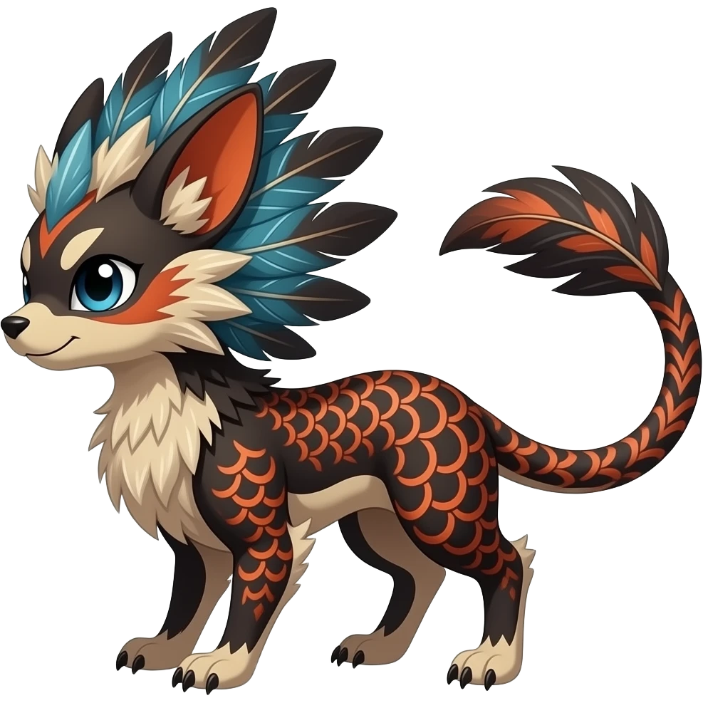 Tribal-patterned aboriginal majestic feathery elegant realistic stylish Furry, fluffy feathery tropical painted scaly, dark-brown, sanguine-red, blue, white, black, Minccino-Bambino-Linoone-Zangoose-fusion-hybrid-animal-Fakémon-creature, full body, thin long sleek tufted tail, intricate markings emoji