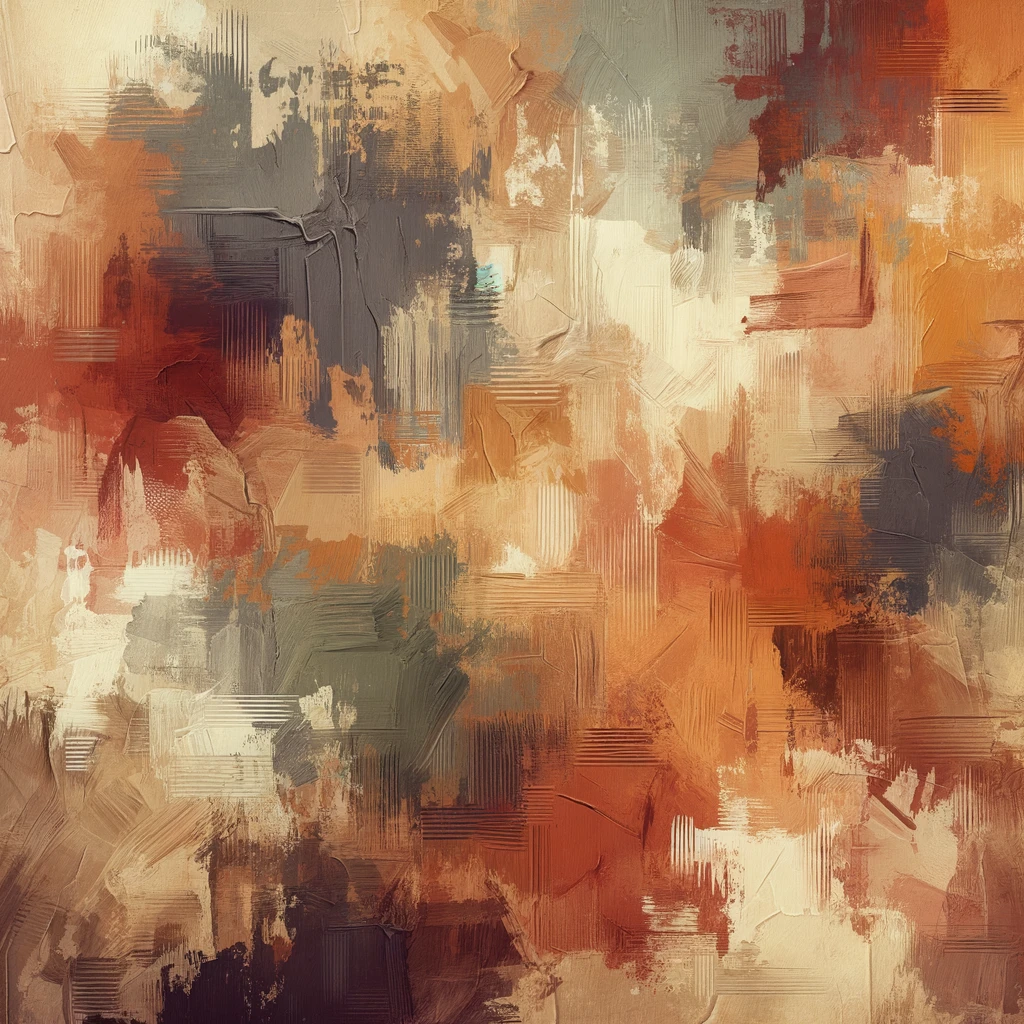 Autumn background with rough textured surface, rustic earthy tones (rust, ochre, chestnut, olive, beige), abstract painterly strokes, grunge style, cozy warm atmosphere emoji