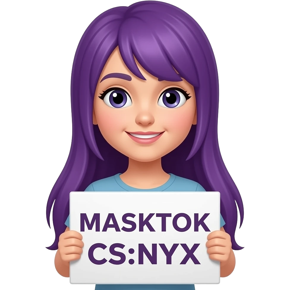 girl with long purple hair with a MASKTOK CS:NYX sign emoji