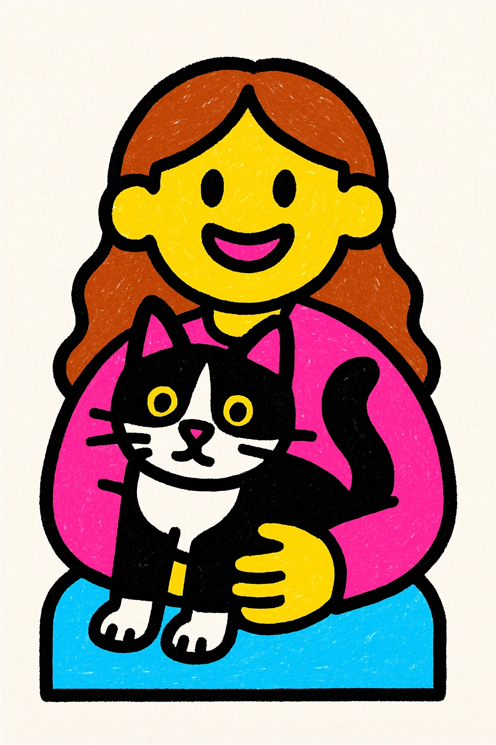 a person with brown long hair holding a black and white cat, vibrant colorful style emoji