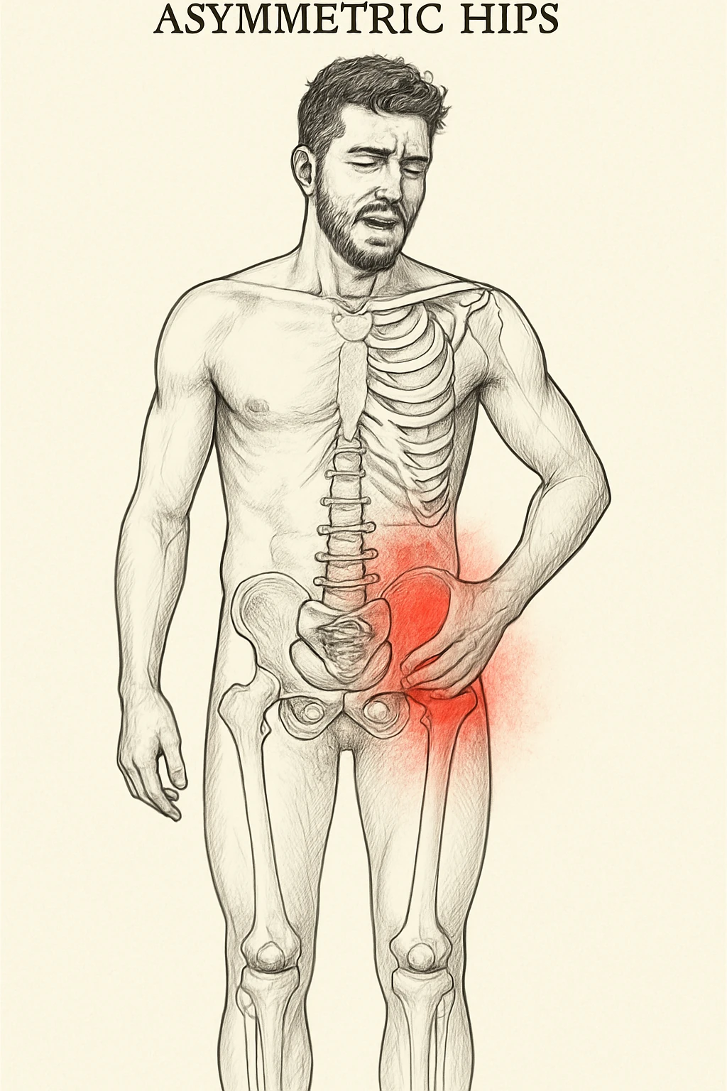 Uomo con dolore per via dei suoi fianchi asimmetrici vista anatomica emoji