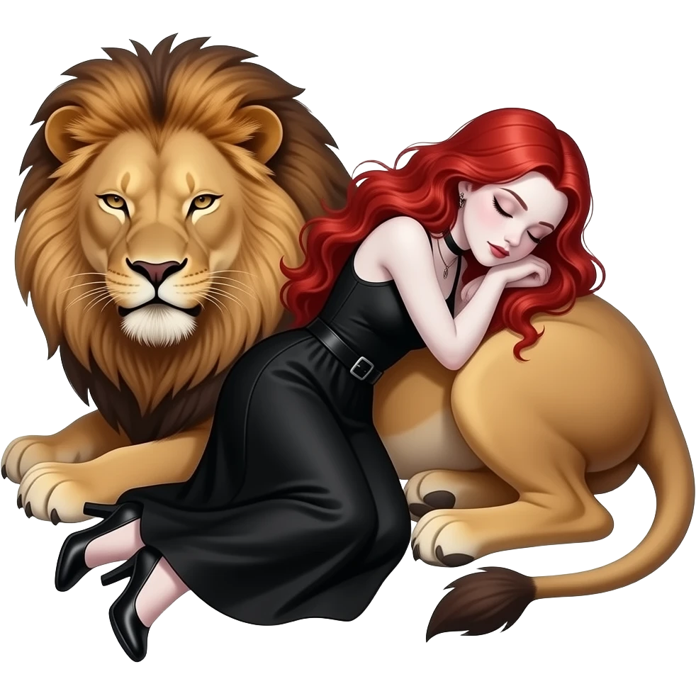 Vampiro adolescente femmina con pelle bianca e capelli rosso ondulati lunghi che indossa una gonna lunga nera e un top-canottiera nera e che sta dormendo con un leone emoji