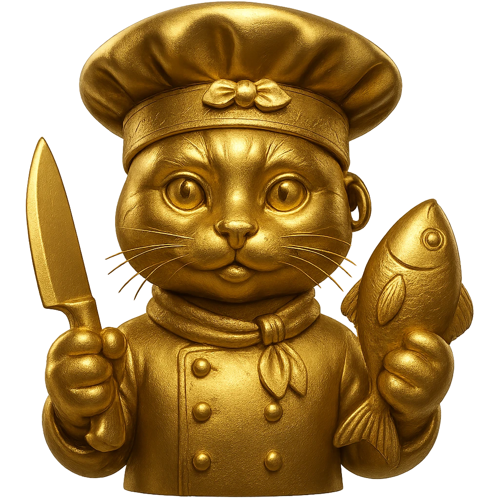 Add a single large gold earring to one ear, and make the cat chef hold a knife in one paw and a fish in the other. Keep the bandana and chef look, with no background. emoji