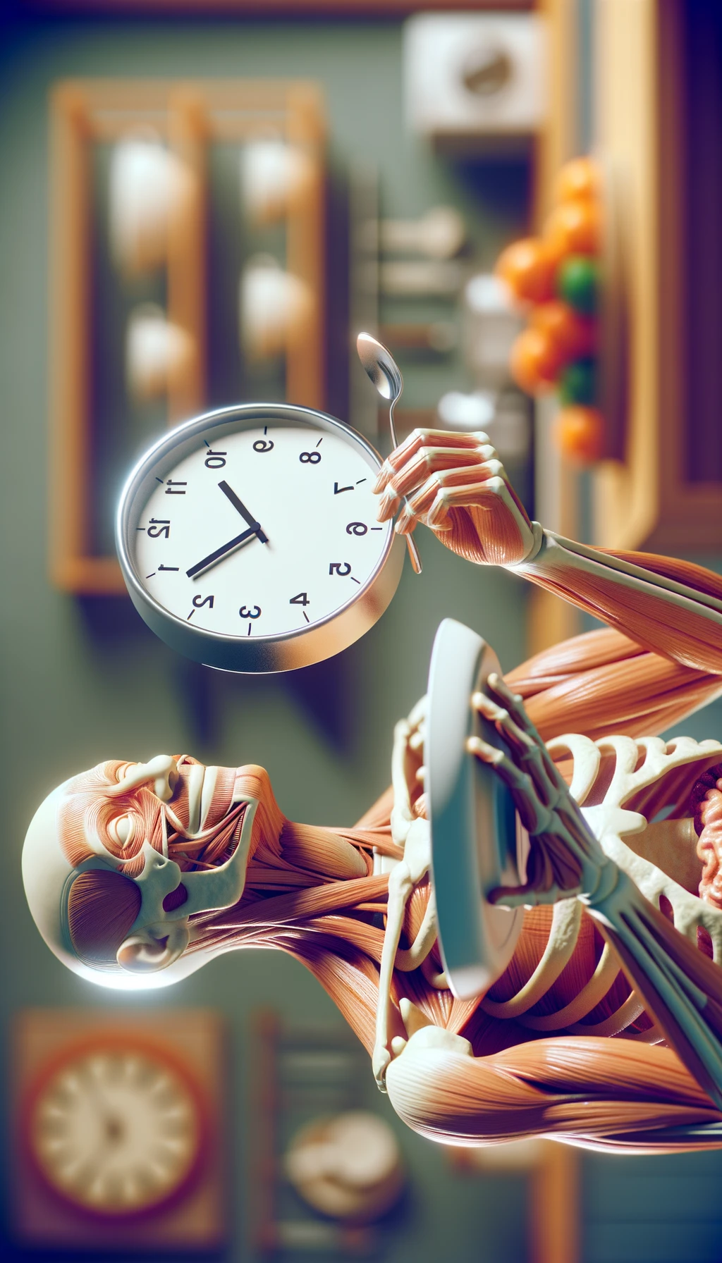 corpo umano anatomico, che tiene in mano un piatto bianco con la lancette di un orologio sopra, figura visibile fino ai fianchi, espressione del volto soddisfatta, sullo sfondo la sua cucina sfocata, iperrealistico 4k emoji