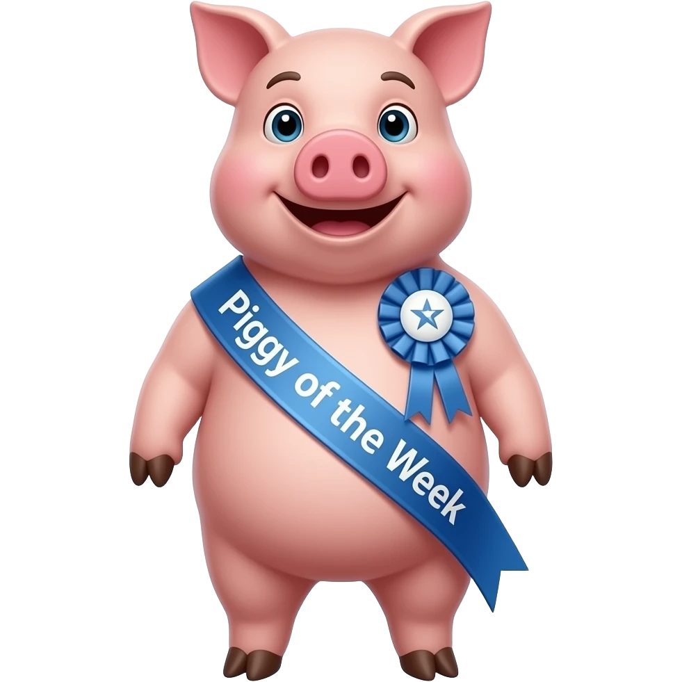 Pig standing up wearing first place ribbon and a sash that says “Piggy of the Week” emoji