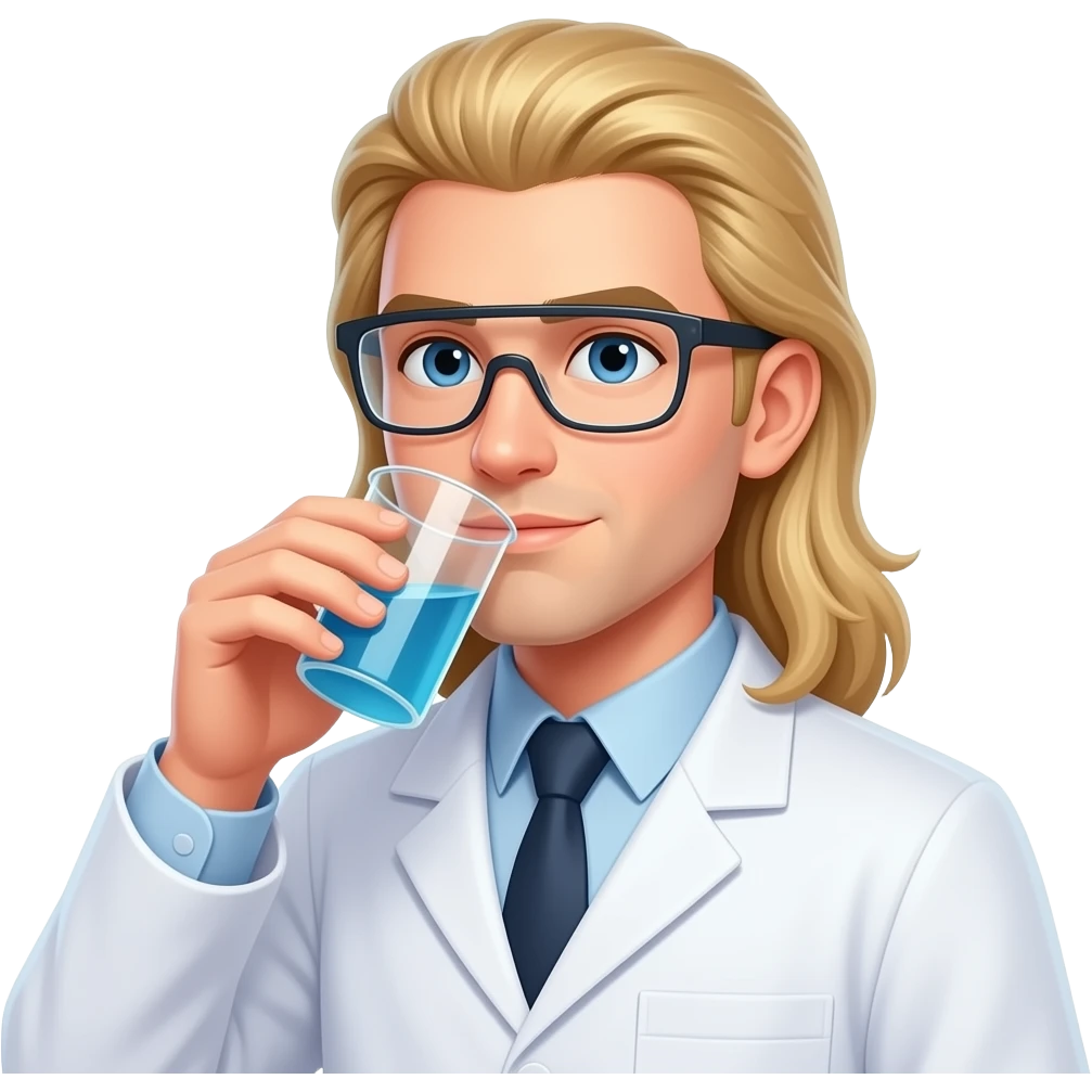 clean shaven blonde male scientist with long hair to his waist drinking from specimen cup emoji
