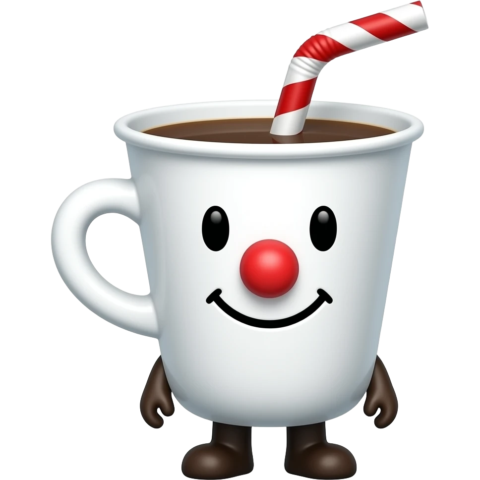Kupa kafalı bir şey çiz, vücudu olsun,kırmızı burnu olsun, kırmızı-beyaz pipeti takılı olsun, yüzü olsun, mutlu gözüksün, kafası beyaz olsun, fincan kafalı olsun, kulakları olmasın, kaşları da olmasın, içinde beyaz kahve olsun, kafasında kırmızı-beyaz pipet olsun emoji