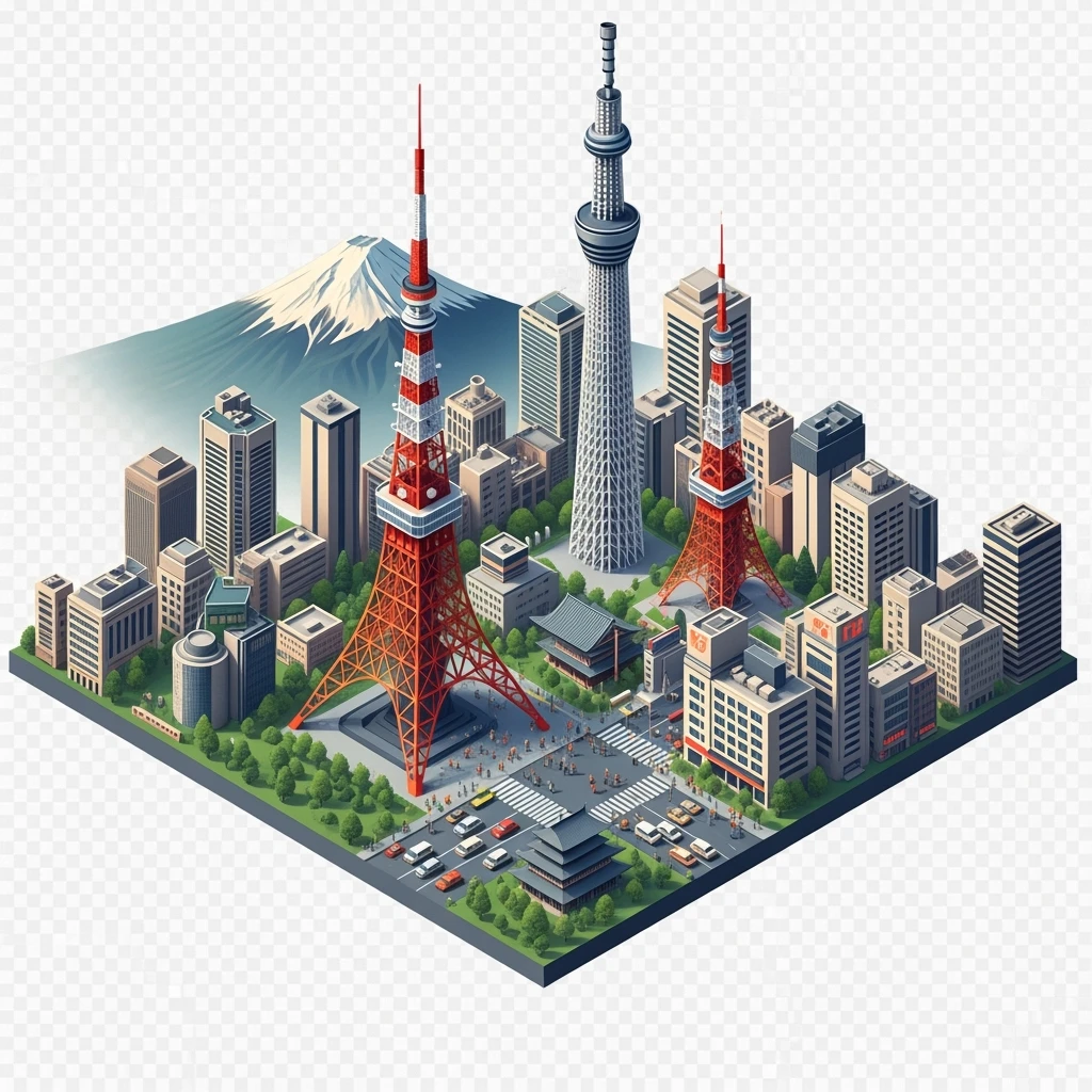 Isometric illustration of Tokyo, with photorealistic detailed miniature cityscape included Tokyo Tower, Skytree, Shibuya Crossing, Mount Fuji in background, balanced colors, subtle 3D miniature effect and Tilt Shift effect, no cartoonish look, transparent background. emoji