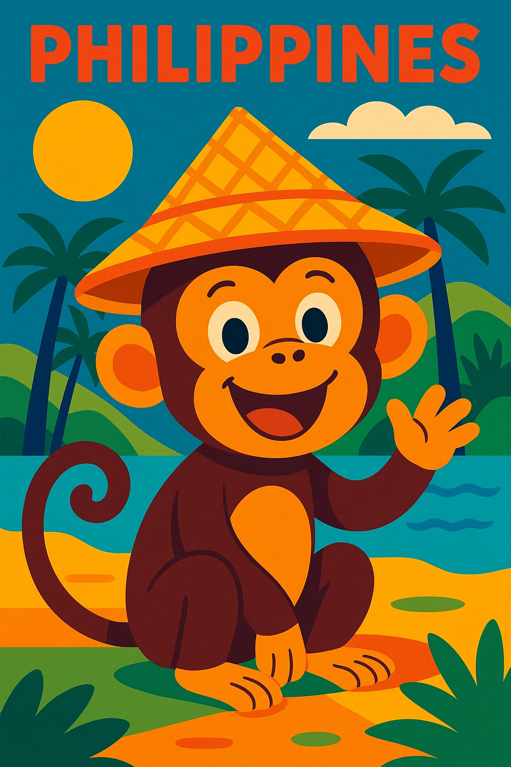 a cheerful monkey in the Philippines wearing a traditional Filipino hat emoji