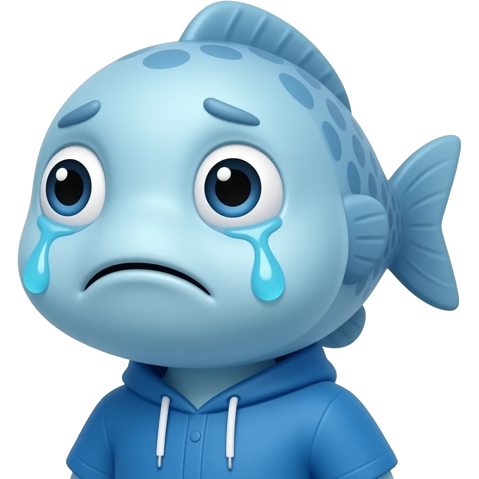 A little blue fish shaped like a human dressed in blue is looking at us with a very sad face with tears. emoji