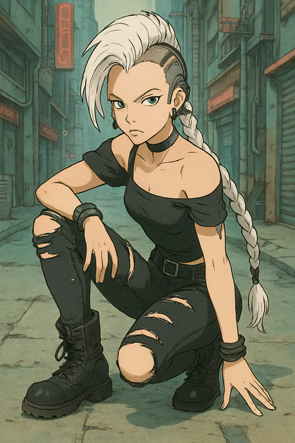 1 female, cyberpunk, mohawk white hair, 1 long braid, cybergoth, gothic style, action pose, style of anime, she is looking into the camera, black short sleeve off shoulder top, ripped tight jeans, combat boots emoji