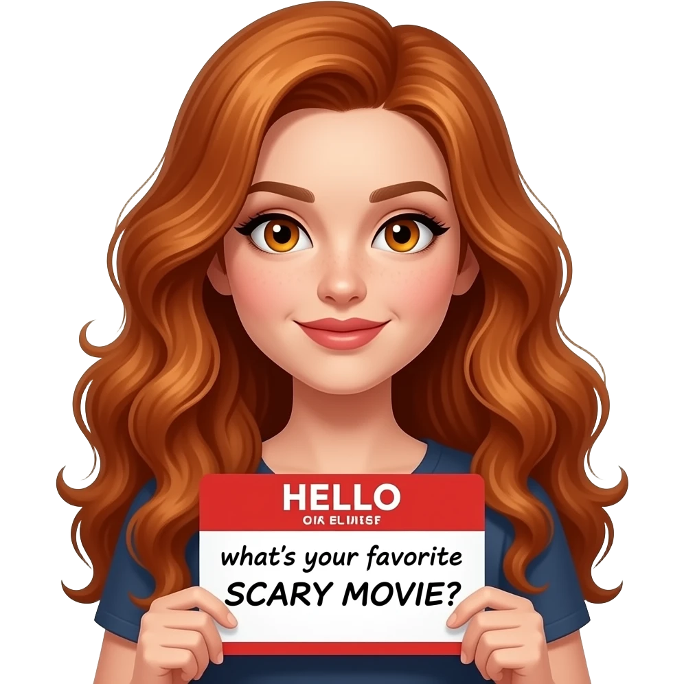 sexy girl with long wavy ginger hair and ginger eyes wearing a top is holding a HELLO... what's your favorite SCARY MOVIE? sign emoji